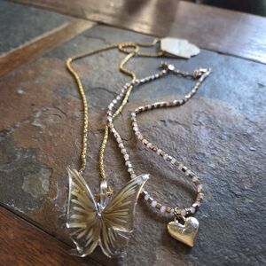 💛🦋 Glass Butterfly & Gold Pendant Heart Necklace Set 🦋💛
